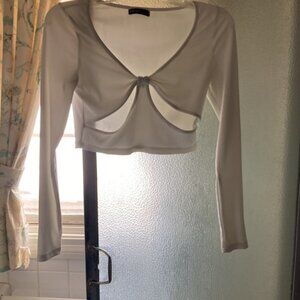 SHEIN summer midriff long-sleeve cut-out ribbed knit white crop top